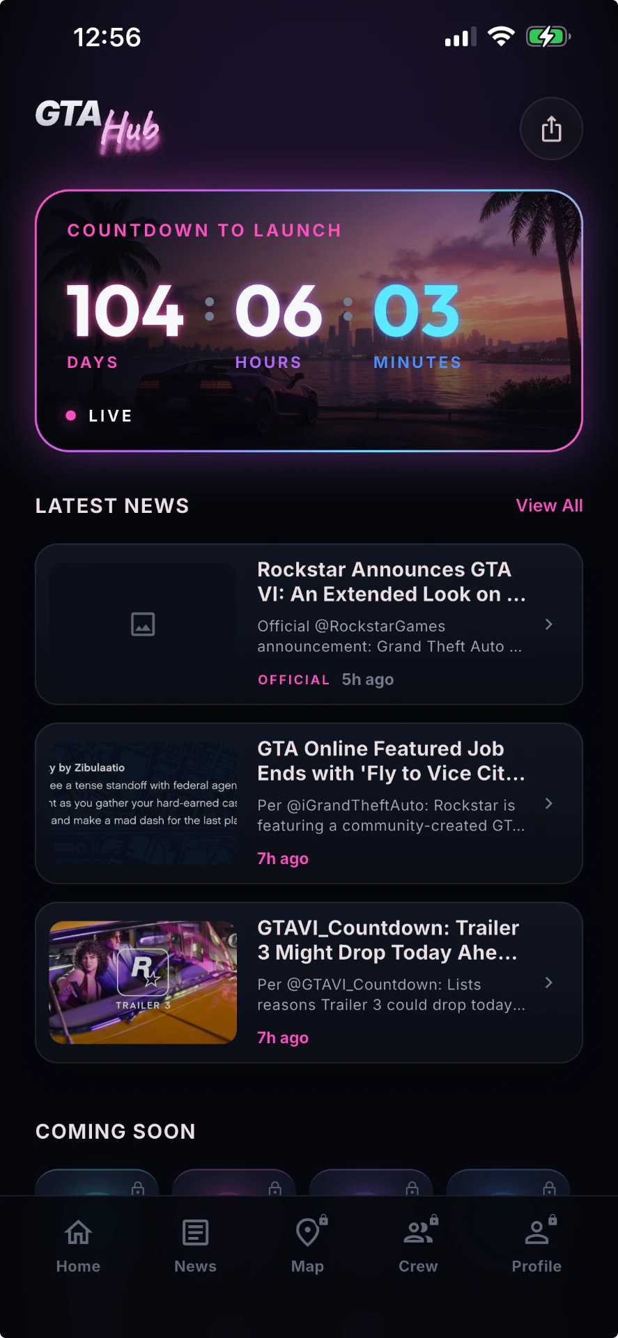 GTAHub iOS app home screen with GTA 6 launch countdown and latest news